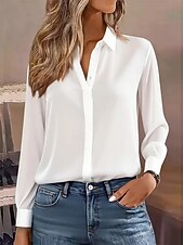 Women's Blouse Plain Elegant Daily Stylish Long Sleeve V Neck Regular Tops Buttons Black White Fall4