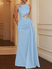 tanie Suknie balowe na wieczór-Suknia Wieczorowa Sheath Elegancka Sukienka Formalna Długość do Podłogi Bez Rękawów Dekolt w Kształcie Klejnotu Kieszeń Satynowa z Haftem