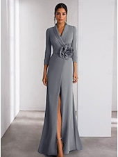billiga Kjolklänningar för kväll-A-linjeformad aftonklänning Elegant klänning formell bröllop golvlängd lång ärm skjortkrage stretch crepe med slits axelblomma