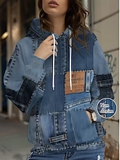 abordables Sudaderas a Rayas y Geométricas-Mujer Sudadera con capucha Pullover Retazos Estampado Bolsillo delantero Graphic Geométrico Punk Activo Vintage Manga Larga Con Capucha Tops regulares Calle Uso Diario Azul Piscina Azul vaquero