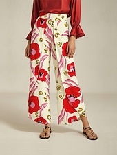 voordelige damesbroeken-dames wijde broek satijn rood bloemenprint voorkant overlapping split lente herfst