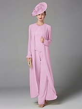 abordables Costumes-pantalons pour maman-Pantalon de mariage à la plage ensemble de 3 pièces mère de la mariée invitée de mariage formelle élégante grande taille avec encolure bateau longueur au sol manches longues enveloppe incluse avec