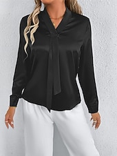 economico Top eleganti-Per donna Camicia Camicia in raso Tinta unica Elegante Casual Manica Lunga Scollo a V Top Regolari Quotidiano Uscire Nodo frontale Nero Bianco Primavera Autunno