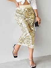 economico Gonne da Festa-Per donna Gonna Aderente Elegante Moda Midi Vita Alta Gonne Semplice Paillettes Elasticizzato Feste Streetwear Argento Nero Oro Primavera Poliestere