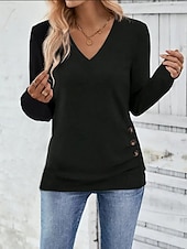 cheap Plain Tops-Women&#039;s Blouse Solid Color Stylish Casual Long Sleeve V Neck Regular Tops Daily Patchwork Buttons Black White Green Gray Spring Fall