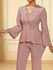 preiswerte Overalls für Mütter-Overalls Knöchellänge Brautmutterkleid Langarm V Ausschnitt Elegant Formell Hochzeitsgast Hochzeitsfeier Stretchstoff mit Rüschen