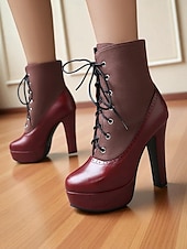 baratos Botas com salto-Botas femininas de salto alto com cadarço cor de vinho – botinhas plataforma estilo brogue vintage com painel de lona para festa e moda de outono