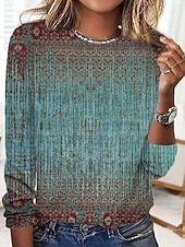 billige Boho t-skjorte-Dame T skjorte Blomstret Grafisk Geometrisk Bohem Årgang Stilfull Langermet Crew-hals Vanlige topper Daglig Helg Ferieklær Trykt mønster Blå Oransje Grønn Vår Høst Vinter