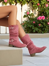 ieftine Cizme Slouch-Ghete largi pentru femei cu barete cu cataramă până la jumătatea gambei – ghete de iarnă în stil vintage din piele întoarsă pentru ținute casual și modă de toamnă