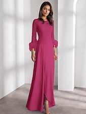 abordables Formel / Cravate noire-Robe de soirée A-line élégante robe formelle mariage longueur sol manches longues col ras du cou en chiffon avec volants en plumes