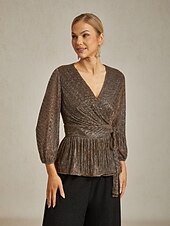economico Top eleganti-Per donna Top avvolgenti Camicetta trasparente Top Eleganti Elegante Festa Manica Lunga Manica a Lanterna Scollo a V Top Regolari Ospite di nozze Abbigliamento da sera Semi-Formale Pieghettato