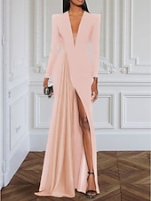 levne Tuxedo šaty-A-Linie večeerní šaty elegantní černé šaty smokinové šaty velkých velikostí formální šaty se vlečkou dlouhými rukávy V výstřih strečový materiál s sklady rozparem šaty na masquerade