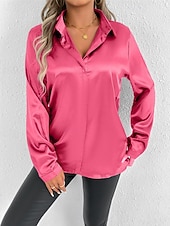 economico Top eleganti-Per donna Camicia Camicia in raso Tinta unica Elegante Casual Manica Lunga Colletto a Camicia Top Regolari Quotidiano Uscire Bottoni Rosa Viola Verde Primavera Autunno