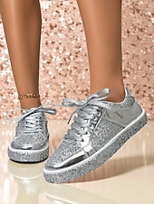 billiga Damsneakers-Damsneakers med guldfärgad glitter – glänsande snörskor med glittrig design för nattliv, klubbar och fester