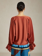preiswerte Hemden, Tops und Blusen-Satinbraune Juliet-Bluse mit Puffärmeln und Rundhalsausschnitt