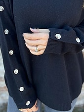 abordables Couleurs unies-Femmes Pull Mode Streetwear Occasionnel Couleur Unie Côtelé Col roulé Boutons Tricoté manche longue Hauts Réguliers Tricoter Extérieur Quotidien Week-end Noir Automne Hiver