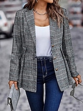 billiga Blazers och kostymer-Dam Kavaj Bekväm Knappar Elegant Mode Utomhus Galler Utekväll Ledigt / vardag Helgen Cardigan Normal Kavajslag Normal Långärmad Ytterkläder Svart Orange Vår Höst