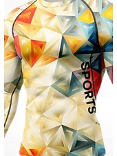 お買い得  トップス-男性用 コンプレッション・シャツ ランニングＴシャツ 3Dプリント 長袖 ベース層 幾何学模様 速乾性 ビデオ圧縮 パワーフレックス 吸汗性 ジムトレーニング アクティブトレーニング 運動 スポーツウェア アクティブウェア ライトイエロー