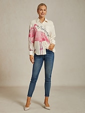 お買い得  シャツ、トップス、ブラウス-フラミンゴプリントのゆったりシャツ