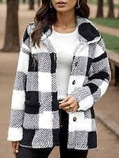 billiga Fleece-fodrade jackor-Dam Fleece-jacka Sherpajacka Vardaglig jacka Bekväm Andningsfunktion Ficka Knappar Mönster Ledigt Rutig Semester Gata Ledigt Dagliga kläder Enkelknäppt Lång Nedvikt Normal Långärmad Ytterkläder Svart