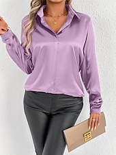 economico Top eleganti-Per donna Camicia Camicia in raso Tinta unica Elegante Casual Manica Lunga Colletto a Camicia Top Regolari Quotidiano Uscire Bottoni Rosa Viola Verde Primavera Autunno