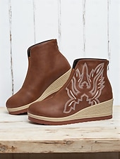 levne Kotníkové boty-Dámské hnědé kotníkové boty na klínku – vyšívané kozačky z umělé kůže na platformě pro běžné nošení a boho outfity
