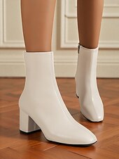 baratos Botas de tornozelo-Botas femininas brancas de couro sintético – botinhas estilosas com salto grosso e zíper lateral para looks casuais, de trabalho e do dia a dia