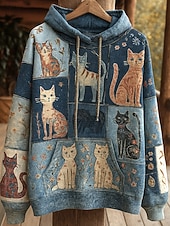 abordables Animaux Tops-Femmes Sweat à capuche Graphique Animal Chat Punk Actif ancien manche longue À capuche Hauts Réguliers Rue Tenue Quotidienne Imprimé Poche Avant Bleu Printemps Automne Hiver