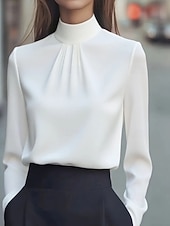 cheap Dressy Tops-Women&#039;s Shirt Dressy Blouse Plain Elegant Stylish Long Sleeve High Neck Regular Tops Work Holiday Going out Ruched Black White Purple Khaki Spring Fall