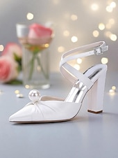 cheap Cocktail-Women&#039;s Blue Satin Block Heel Pumps with Pearl Detail and Ankle Strap - Elegant Pointed Toe Shoes for Formal Occasions and Cocktail Parties