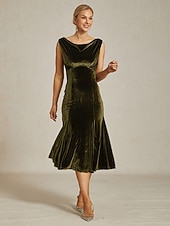  Damen Midikleid Trompeten- Meerjungfrauenkleid Elegant Party Hochzeitsgast Cocktailparty Normale Passform Einfarbig Ärmellos Wasserfallausschnitt Olive