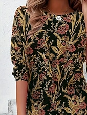 ieftine tricou floral-Pentru femei Tricou Imprimeu Floral Grafic Plante Epocă Stilat Clasic Manșon Lung Stil Nautic Rotund Topuri obișnuite Zilnic Negru Primăvară Toamnă Iarnă