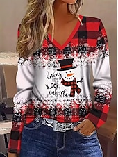 abordables Hauts de Noël-Noël Femmes T-shirt Graphique Bonhomme de neige ancien Élégant Classique manche longue Col en V Hauts Réguliers Quotidien Imprimé Gris / Rouge Noir + blanc + rouge Noir Vin Rouge Printemps Automne