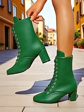 baratos Botas de tornozelo-Botas femininas de couro sintético com cadarço e salto grosso, estilo vintage, perfeitas para looks casuais e retrô.