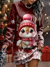 Недорогие Рождественские платья-Новогодняя тематика Жен. Мини-платье Платье прямого кроя Отпуск На каждый день День рождения Свидание Стандартный Графика Дед Мороз Длинный рукав Вырез под горло Черный Красный Серый Весна Осень Зима