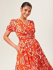 baratos vestido casual estampado-Feminino Vestido casual Vestido midi Preto Azul Laranja Manga Curta Abstrato Verão Primavera Decote V Elegante Férias XS S M