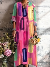 preiswerte Lässige Blumenkleider-Ostern Damen Midikleid Sommerkleid A Linie Kleid Urlaub Lässig Boho Ausgehen Strand Lässiger Schnitt Blumen Grafik Geometrisch Langarm V Ausschnitt Gelb Rosa Orange Grün Sommer Frühling Herbst Winter