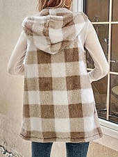 billiga Fleece-fodrade jackor-Dam Vinterkappa Fleeceväst Sherpajacka Bekväm Andningsfunktion Mönster Ledigt Rutig Semester Gata Ledigt Dagliga kläder Öppen front Normal Huva Normal Ärmlös Ytterkläder Kaki Vår Höst