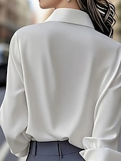 cheap Dressy Blouses-Women's Shirt Elegant Dressy Satin Top Buttons Plain Elegant Stylish Long Sleeve Shirt Collar Regular Tops Holiday Going out Black White Spring Fall