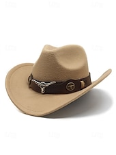baratos Chapéus Femininos-Chapéu de cowboy masculino com faixa de cabeça de touro – chapéu fedora vintage de feltro com aba larga para rodeio, estilo ao ar livre e presente de Natal