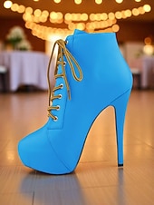 baratos Festa da Vida Noturna-Botas femininas plataforma de couro sintético bege com cadarço - sapatos de festa com salto alto e salto agulha para vida noturna e balada