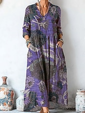 tanie Sukienki boho-Damskie Sukienka maxi Sukienka letnia Plisowana sukienka Urlop Codzienny Boho Wyjściowe Plaża Graficzny W Tureckie Wzory Długi rękaw W serek Fioletowy Brązowy Zielony Szary Wiosna Jesień Zima