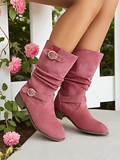 ieftine Cizme Slouch-Ghete largi pentru femei cu barete cu cataramă până la jumătatea gambei – ghete de iarnă în stil vintage din piele întoarsă pentru ținute casual și modă de toamnă