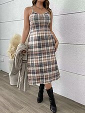 baratos Vestidos de suéter-Mulheres Suéter Vestido de moletom Conjunto de suéter Elegante Moda Roupa de rua Xadrez Estriado Decote V Patchwork Imprimir Manga Longa Tops longos Tricotar Ao ar livre Diário Final de semana Cáqui