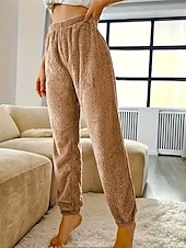 お買い得  ストレートレッグパンツ-女性用 フリースパンツ パジャマ カジュアル 全長 ミディアムウエスト 平織り 弾性ウエスト 保温 快適 マイクロエラスティック 家 日常 クラレット ダークグレー ブラック ペールピンク 秋 冬 レギュラー