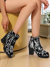 baratos Botas de tornozelo-Botas de cano curto pretas femininas – botas de combate de salto alto e grosso com bordado dourado e detalhe de fivela para festas, saídas à noite e moda streetwear