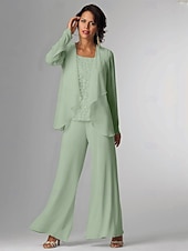 baratos Terninhos de calça da mamãe-Conjunto de calças 3 peças Mãe da noiva Convidada de casamento Formal Elegante Plus Size Envoltório Comprimento do chão Chiffon Sem mangas com Renda