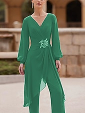 cheap Mom&#039;s Jumpsuits-Sheath Mother of the Bride  Formal Wedding Guest Elegant Vintage V Neck Floor Length Chiffon  Short Sleeve with Pleats Ruched Flower free custom size