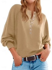 billige Solide farger-Dame Genser Fritid Myk Ren farge Riflet Crew-hals Knapper Strikket Langermet Vanlige topper Strikke utendørs Daglig Helg Hvit Gul Høst Vinter