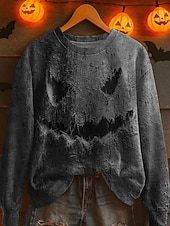 billige Halloween hettegenser og hettejakke-Halloween Kvinners Pullover Monster Grafikk Casual Langermet Crew Neck Regular Topper Gate Dagligbruk Casual Print Lilla Grønn Khaki Grå Høst Vinter